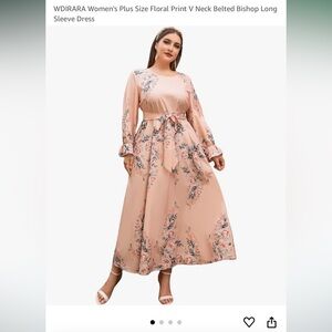 WDIRARA Women's Plus Size Floral Print V Neck Belted Bishop Long Sleeve Dress
